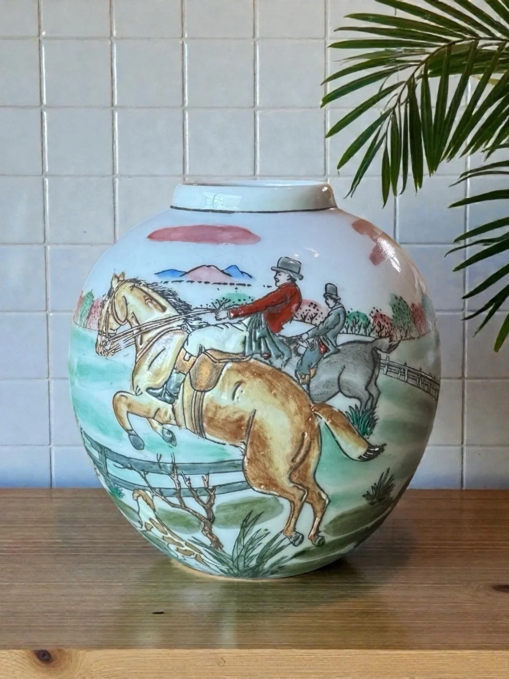 Vintage Hand Painted Equestrian Ceramic Vase Horse Riding Scene Decor